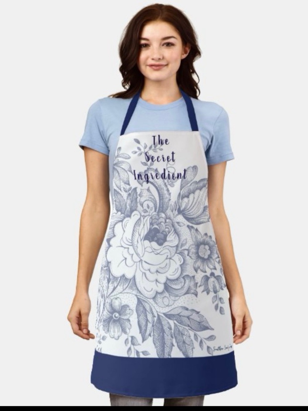 “The Secret Ingredient” Navy & White Farmhouse Peony Apron Adult Medium